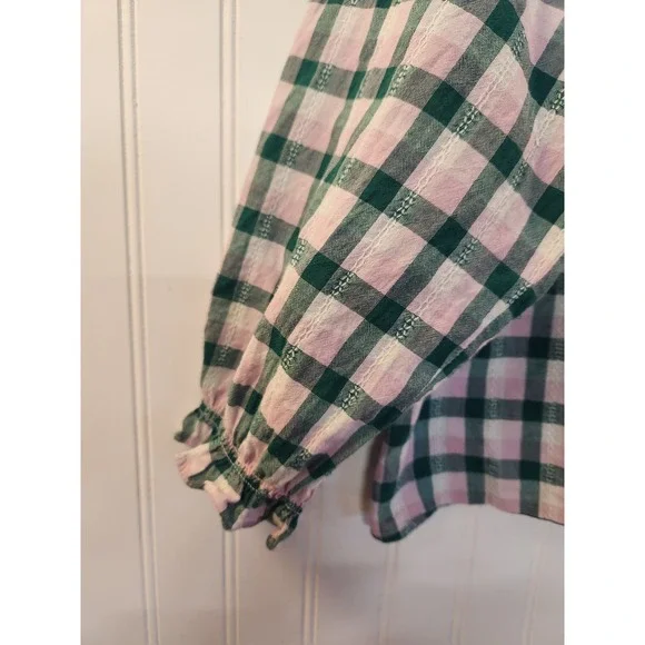 J.Crew Pink Green Gingham Ruffle Neck Cotton Sheer Peasant Blouse XL Flowy Boho - Picture 4 of 14